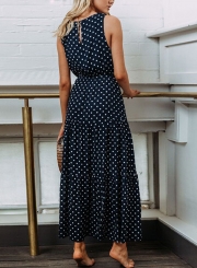 Navy Sleeveless Round Neck Elastic Waist Polka Dot Maxi Dress