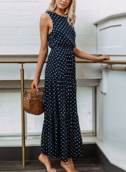 Navy Sleeveless Round Neck Elastic Waist Polka Dot Maxi Dress