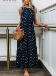 Navy Sleeveless Round Neck Elastic Waist Polka Dot Maxi Dress