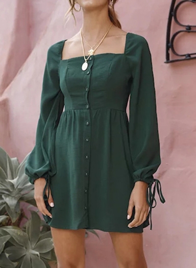 Dark Green Casual Long Sleeve Square Neck Cuff Lace-Up Button Down Mini Dress zecalaba.com