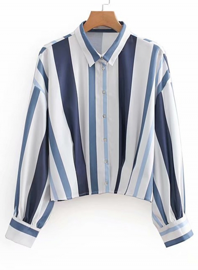 White Striped Turn-Down Collar Long Sleeve Loose Button Down Shirt zecalaba.com