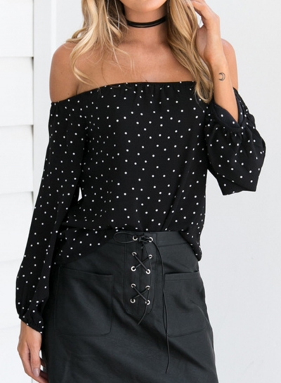 Black Summer Off Shoulder Long Sleeve Loose Polka Dot Blouse