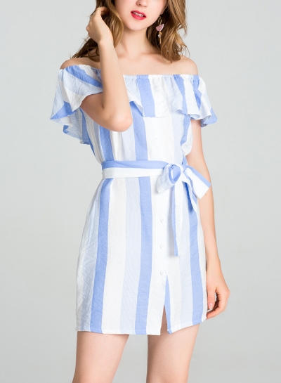 Light blue Summer Striped Off The Shoulder Bow Tie Button Down A-line Mini Dress zecalaba.com