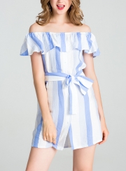 Light blue Summer Striped Off The Shoulder Bow Tie Button Down A-line Mini Dress