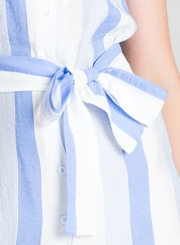 Light blue Summer Striped Off The Shoulder Bow Tie Button Down A-line Mini Dress