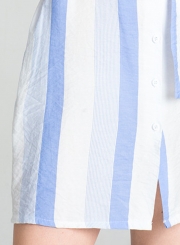 Light blue Summer Striped Off The Shoulder Bow Tie Button Down A-line Mini Dress