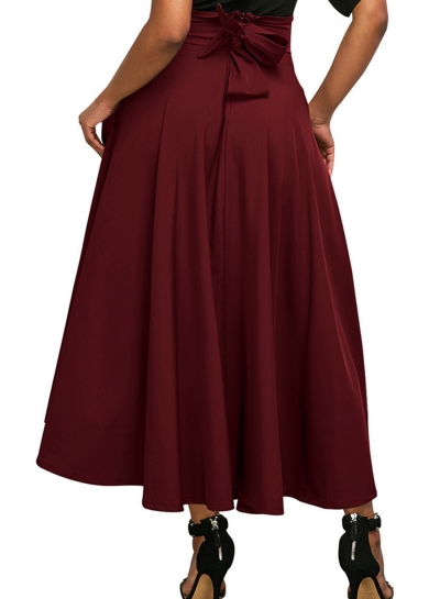 Red Solid High Waist Pockets Bow Tie Pleated Swing Long Skirts YOYOTSHOP.com