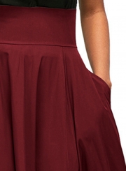 Red Solid High Waist Pockets Bow Tie Pleated Swing Long Skirts