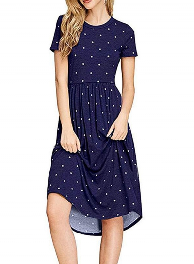 Navy Short Sleeve Polka Dot Elastic Knit Dress zecalaba.com