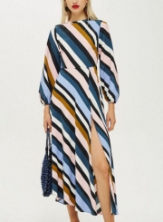 Striped Backless Round Neck Long Sleeve High Waist High Slit Dress