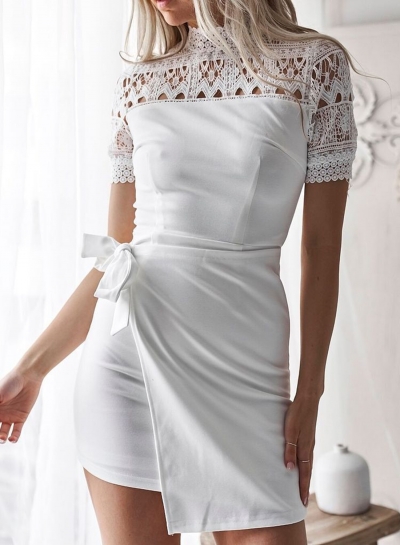 White Mock Neck Lace Hollow Out Slim Dress zecalaba.com