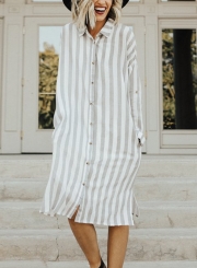 Striped Turn-Down Collar Long Sleeve Loose Button Down Dress