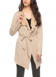 Khaki Open Front Turn -Down Collar Long Sleeve Waist Tie Loose Coat