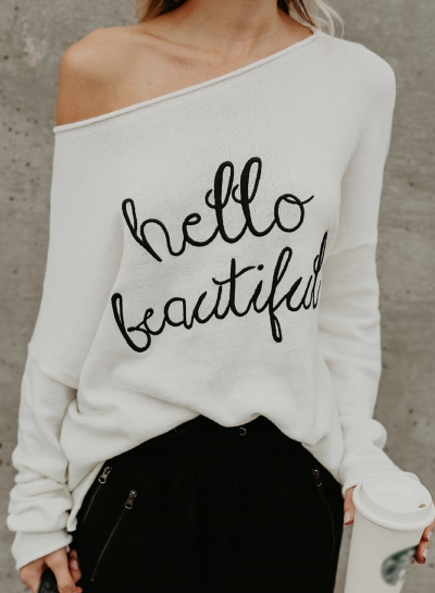 White Casual One Shoulder Long Sleeve Letters Print Loose Tee zecalaba.com