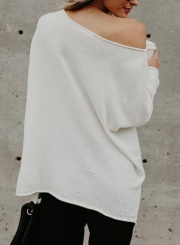 White Casual One Shoulder Long Sleeve Letters Print Loose Tee