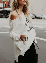 White Casual One Shoulder Long Sleeve Letters Print Loose Tee