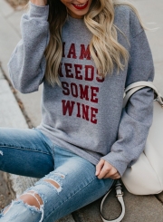 Grey Letters Print Round Neck Long Sleeve Loose Pullover Sweatshirt