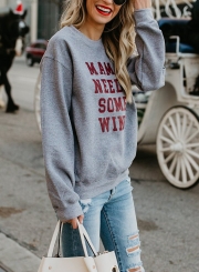 Grey Letters Print Round Neck Long Sleeve Loose Pullover Sweatshirt