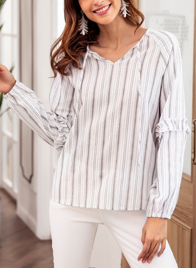 Grey Casual Striped V Neck Long Sleeve Loose Ruffle Blouse With Drawstring zecalaba.com