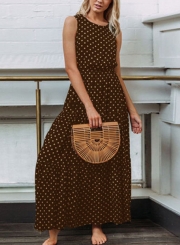 Coffee Sleeveless Round Neck Elastic Waist Polka Dot Maxi Dress