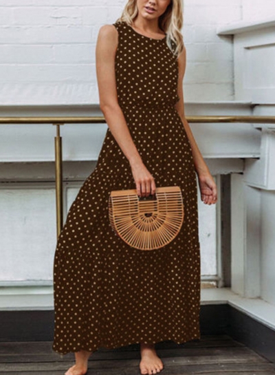 Coffee Sleeveless Round Neck Elastic Waist Polka Dot Maxi Dress zecalaba.com