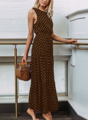 Coffee Sleeveless Round Neck Elastic Waist Polka Dot Maxi Dress