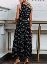 Black Sleeveless Round Neck Elastic Waist Polka Dot Maxi Dress