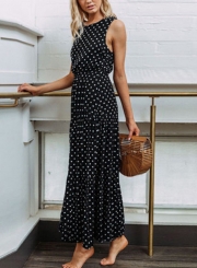 Black Sleeveless Round Neck Elastic Waist Polka Dot Maxi Dress