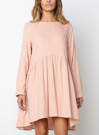 Pink Round Neck Long Sleeve High Low Loose Pleated Mini Dress With Pockets zecalaba.com