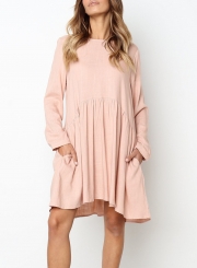 Pink Round Neck Long Sleeve High Low Loose Pleated Mini Dress With Pockets