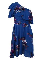 Blue Women's Sexy Boho Floral Printed One Shoulder Elastic Waist Midi Dress