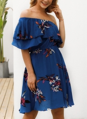 Blue Women's Sexy Boho Floral Printed One Shoulder Elastic Waist Midi Dress