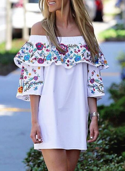 White Floral Print Off Shoulder Loose Dress zecalaba.com