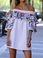 White Floral Print Off Shoulder Loose Dress