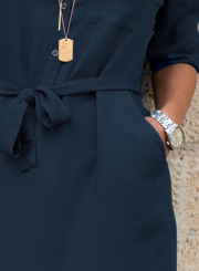 Navy Half Sleeve Waist Tie Midi Dress