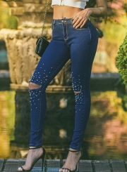 Casual High Waist Ripped Knee Beading Skinny Denim Jeans