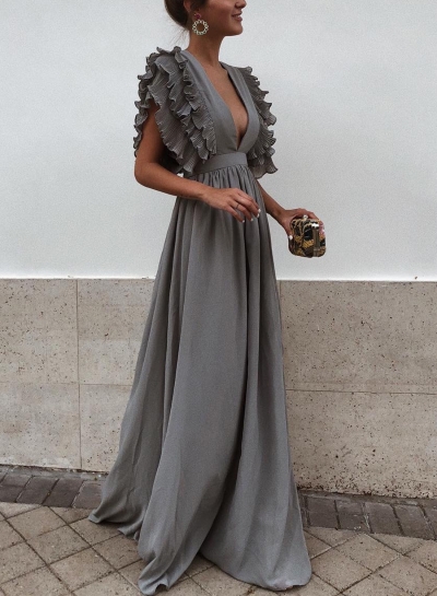 Grey V Neck Flying Sleeve Maxi party Dress zecalaba.com