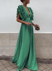 Green V Neck Flying Sleeve Maxi party Dress