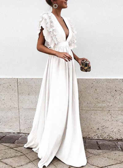 White V Neck Flying Sleeve Maxi Evening Dress zecalaba.com