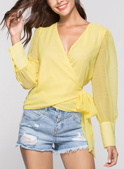 Yellow Casual V Neck Long Sleeve Wrap Waist Tie Loose Plaid Blouse zecalaba.com