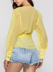 Yellow Casual V Neck Long Sleeve Wrap Waist Tie Loose Plaid Blouse