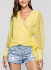 Yellow Casual V Neck Long Sleeve Wrap Waist Tie Loose Plaid Blouse