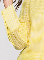 Yellow Casual V Neck Long Sleeve Wrap Waist Tie Loose Plaid Blouse