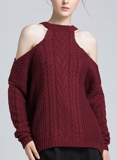 Burgundy Women's Off Shoulder Round Neck Long Sleeve Loose Solid Color Sweater zecalaba.com