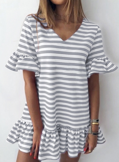 Grey Striped V Neck Flounce Sleeve Loose Ruffle Mini Dress