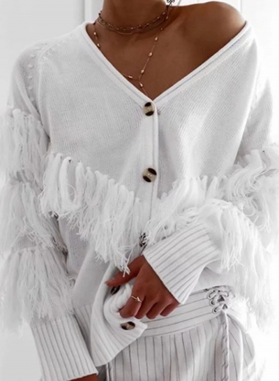 White Casual Tassel Loose Cardigan