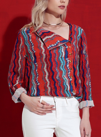 Casual Striped Turn-Down Collar Long Sleeve Asymmetric Button Down Shirt zecalaba.com