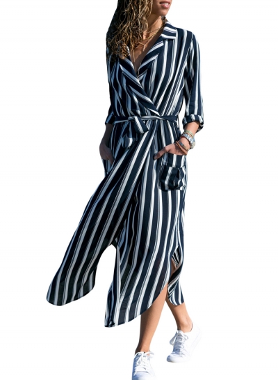 Autumn Striped Coat style Slit Dress With Blet