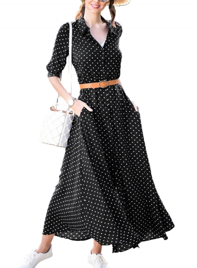 Casual Half Sleeve Button Down Polka Dot Pockets Maxi Dress With Belt