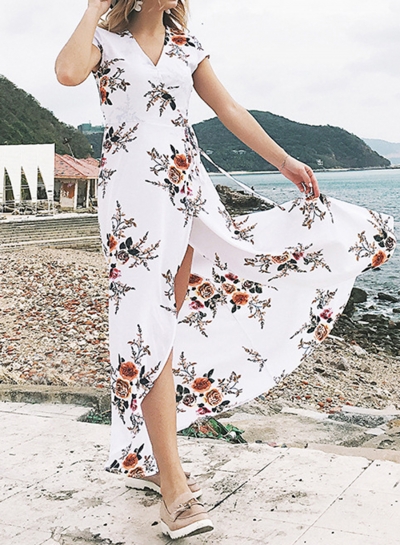 Sexy Floral Print V Neck Short Sleeve Waist Tie Slit Maxi Dress zecalaba.com